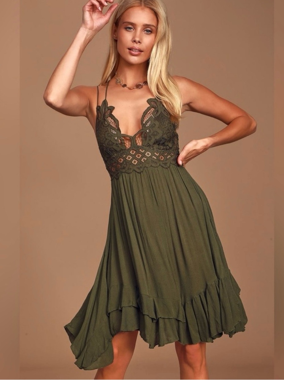 Free People Adella Slip Dress Army/Olive Green Size S